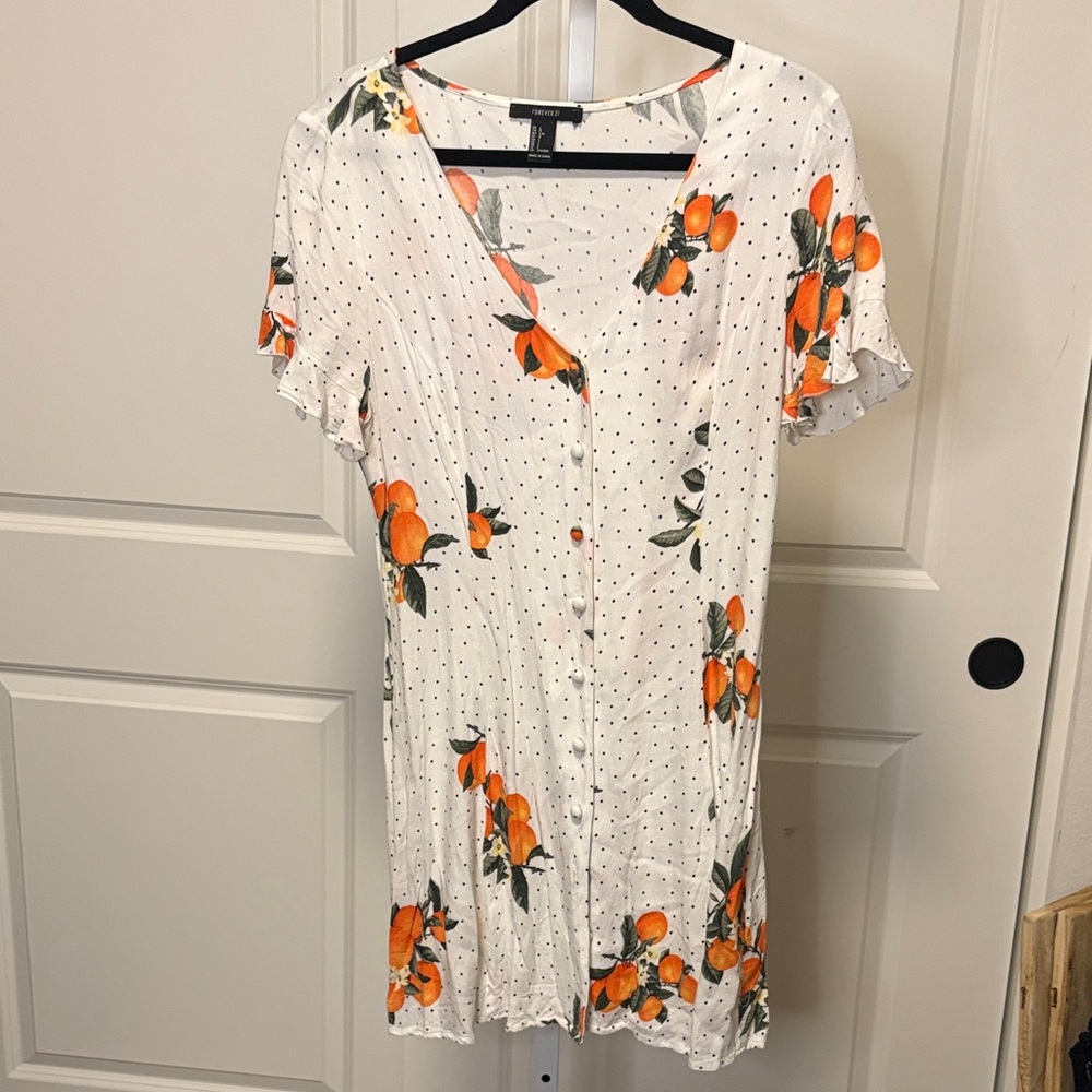 Forever 21 White Dress with Orange and Green Floral Design and Polka Dots